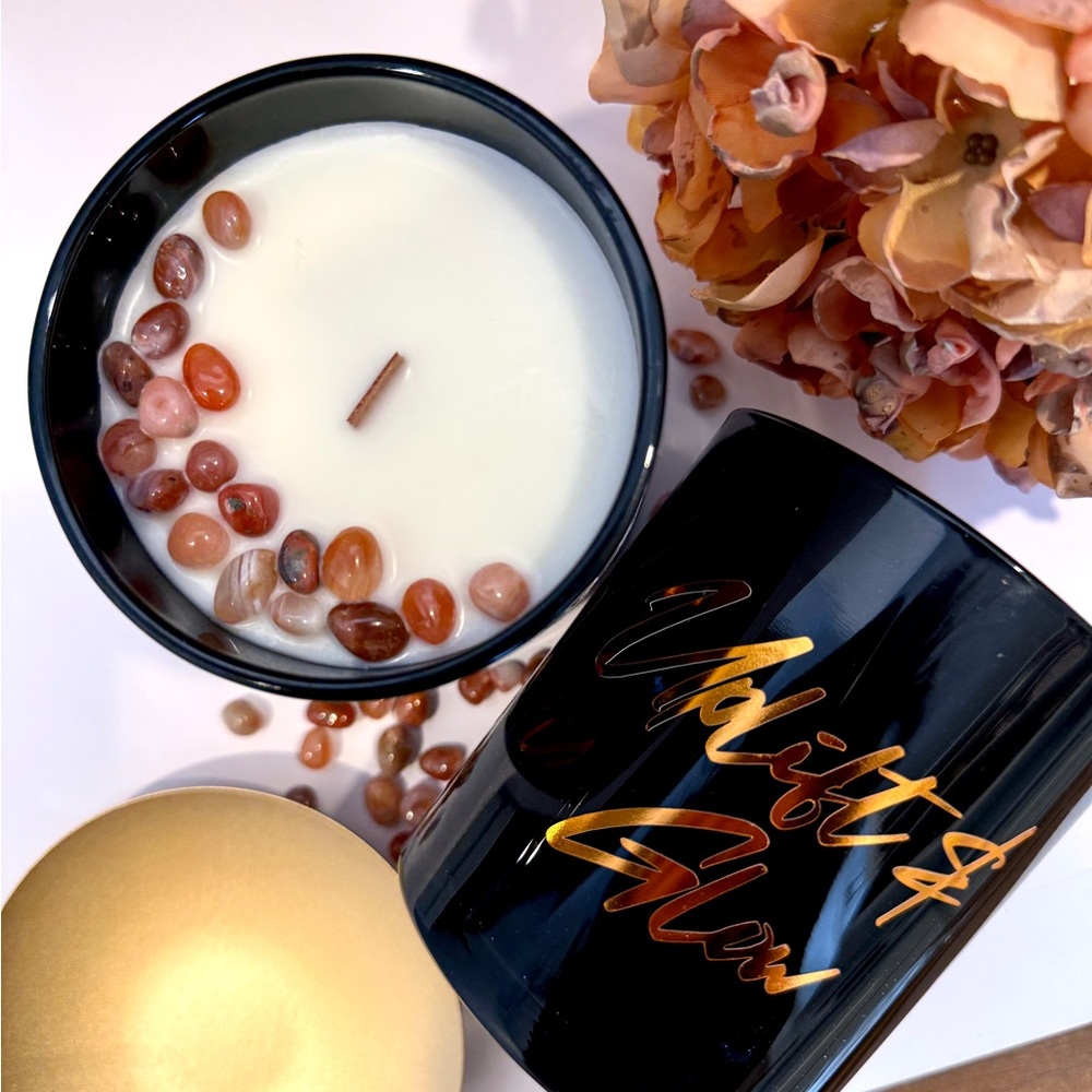 Orange Scented Candle Carnelian Crystals -  Coconut Soy Wax - 14 Oz Wood Wick